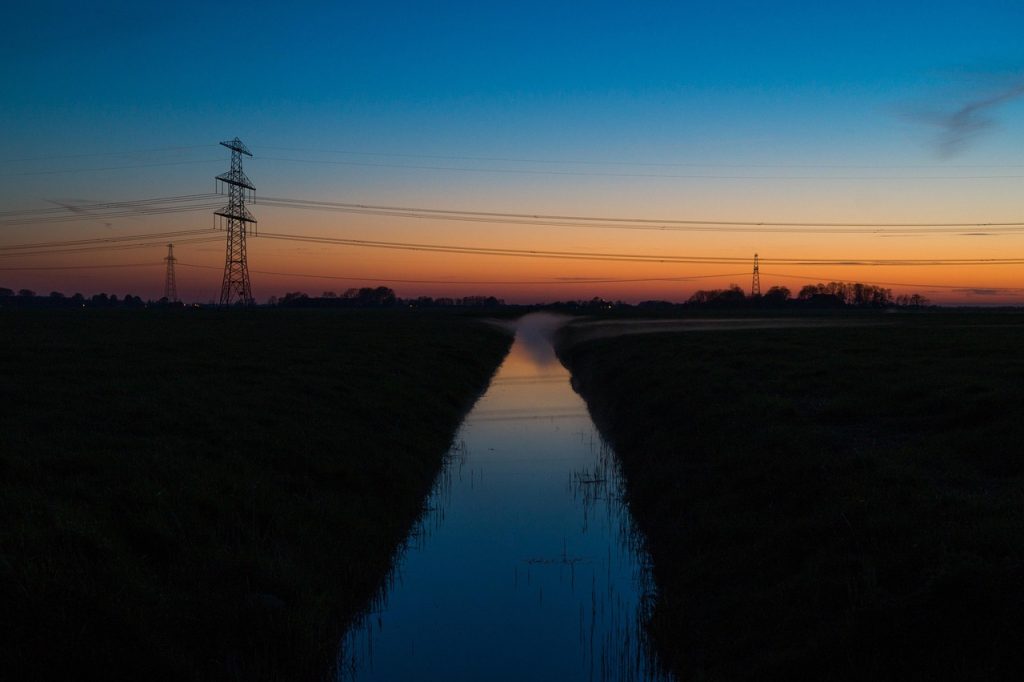 stream, nightfall, evening, twilight, electric pole, electricity, transmission pole, cable